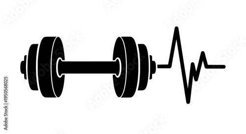 Dumbbell with ECG heartbeat line, symbolizing fitness and health in a single icon featuring weightlifting, workout,
