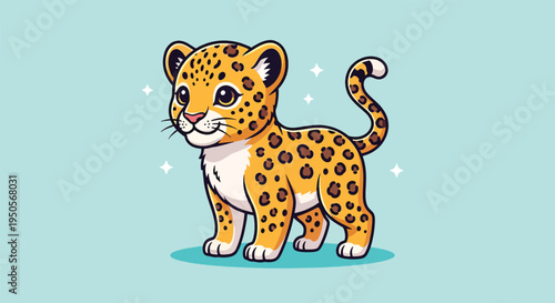 Adorable Baby Leopard Cub Standing on Light Blue Background Vector Illustration.