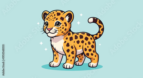 Adorable Baby Leopard Cub Standing on Light Blue Background.