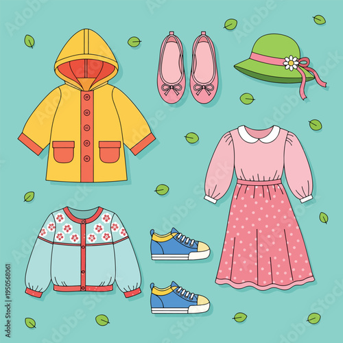 Childrens Spring and Autumn Clothing Collection with Raincoat Dress Cardigan Shoes and Hat.