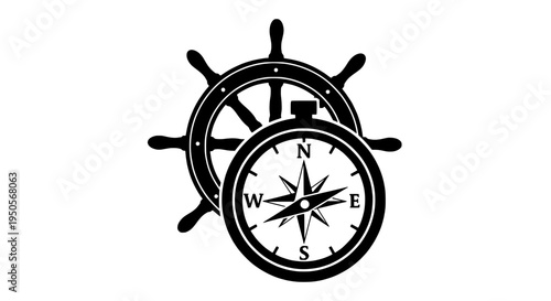 Compass with ship's wheel behind, navigation tool with directional indicator featuring direction, orientation, maritime