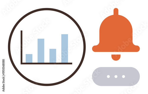 Data trends, notifications, analytics, monitoring, alert system, digital insights. Graph data bars inside a circle and notification bell icon alongside. Data trends and notifications concept