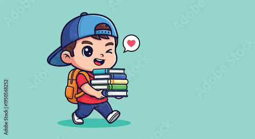 Cute Boy Carrying Books with Backpack Cartoon Vector.