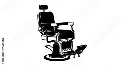 Barber chair vintage with adjustable headrest and footrest, black and white featuring illustration, graphic resource,