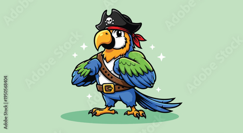 Cute Cartoon Pirate Parrot with Eye Patch and Hat Vector Illustration.