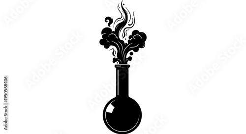 Flask laboratory glassware with smoke and steam rising from the top in black silhouette featuring chemistry, science,