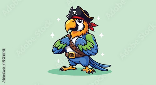 Cute Cartoon Pirate Parrot with Eye Patch and Hat.