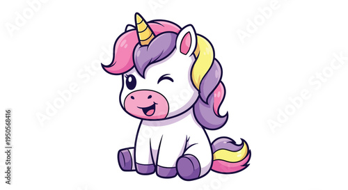 Cute Cartoon Unicorn Winking Adorably with Colorful Mane and Tail.