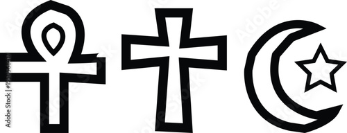 Set of 3 religious symbols vector, ankh, cross, crescent moon
