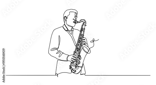 Saxophonist playing a black saxophone with one line drawing style and musical notes floating around him in air