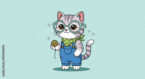 Cute Cat Wearing Glasses and Overalls Holding Yarn Ball Vector Illustration.