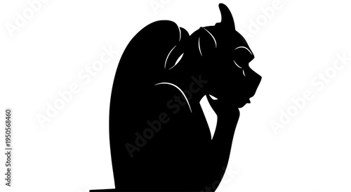 Cat sitting in a thoughtful pose with head resting on paw, silhouette style. featuring feline, black, animal with
