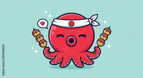 Cute Octopus Chef Wearing Headband Holding Takoyaki Skewers.