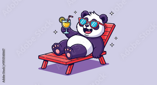 Cute Panda Relaxing on a Beach Chair with a Drink.