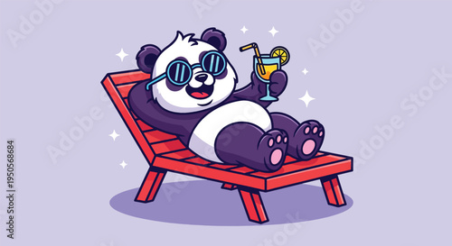 Cute Panda Relaxing on Beach Chair with Cocktail Drink.