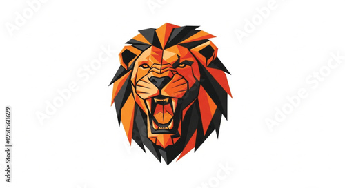 A powerful and aggressive lion head mascot logo, rendered in a modern, stylized vector graphic style. Featuring sharp, angular geometric shapes and a vibrant orange and black color palette.