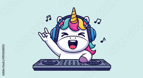Cute Unicorn DJ Playing Music with Headphones Vector Illustration.