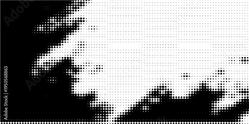 Grunge halftone gradient background. Faded grit noise texture. White and black sand wallpaper. Retro pixelated backdrop. Anime or manga style comic overlay. Vector graphic design textured template