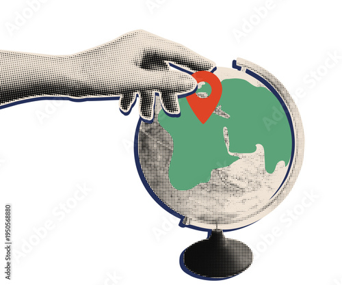 Human hand placing location pin on Earth globe. Global travel destination and navigation concept in halftone collage mixed media style. Vector illustration 