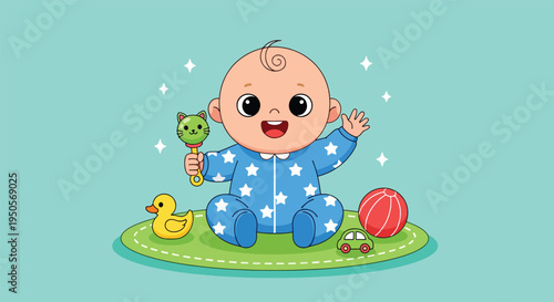 Happy baby playing with toys on a mat.