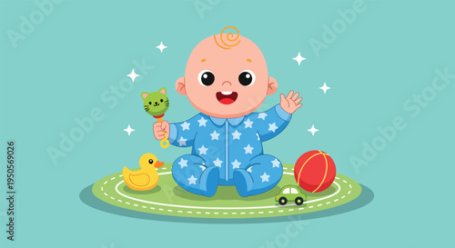 Happy Baby Playing with Toys on a Mat Vector Illustration.
