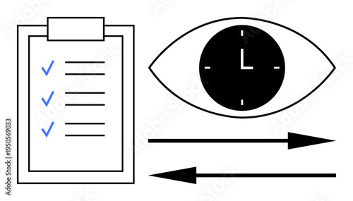 Time tracking, productivity tools, task management, workflow optimization, efficiency planning, goal setting. Checklist, eye with clock directional arrows. Time tracking and productivity tools