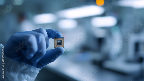 Wallpaper Mural Technician in Protective Gear Holds Microchip for High-Tech Device or Electronic Component in a Cleanroom Laboratory Environment Torontodigital.ca