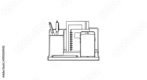 Desk organizer with pens, notebook, and smartphone, outline illustration featuring office supplies, stationery, pen