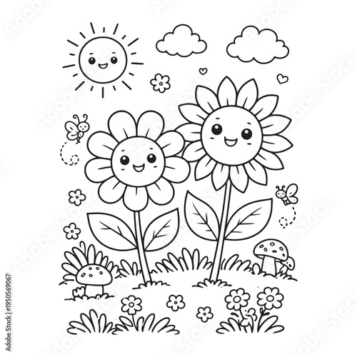 Two Smiling Garden Flowers Coloring Page for Kids Simple Bold Outline Line Art
