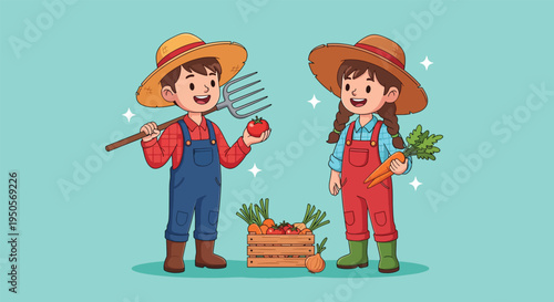 Happy young farmers with fresh vegetables and farming tools.