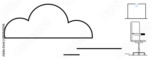 Cloud storage, workspace design, minimalism, abstract art, contemporary ideas, technology concepts. Abstract cloud outline, office chair silhouette and window. Cloud storage and workspace design