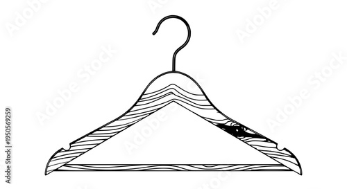 Hanger wooden with hook and striated lines for clothing display purposes featuring fashion accessory, wardrobe, closet