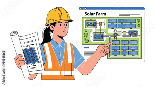 Solar Farm Supervisor: An engineer, in a hardhat, reviews the plan of a solar farm. This professional is actively engaged in the process of generating sustainable energy.