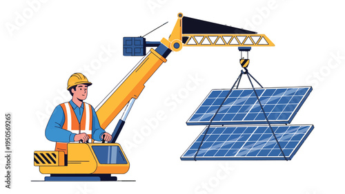 Solar Panel Installation: An engineer, at the controls of a crane, meticulously places solar panels, symbolizing the shift towards green energy