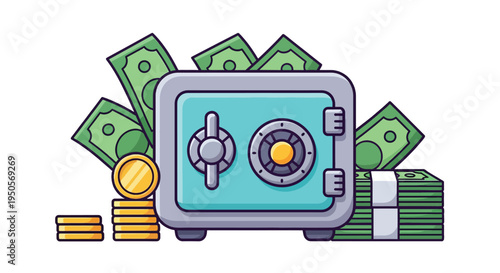 Secure Safe Box with Money and Coins Illustration.