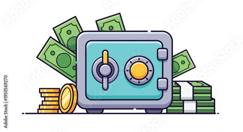 Secure Safe Box with Money and Coins Vector Illustration.