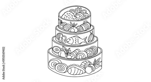 Cake tiered with seafood and vegetable designs in black line art style featuring vegetables, illustration, food with