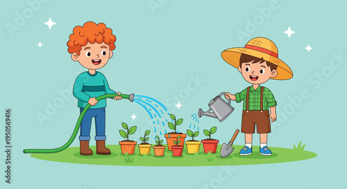 Two happy boys watering plants in pots gardening together.
