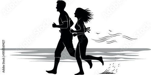 Running Couple Silhouette on Beach – Romantic Seaside Jogging Vector Illustration