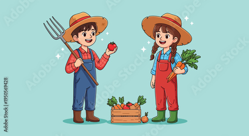 Two happy young farmers with fresh produce and farming tools Vector Illustration.