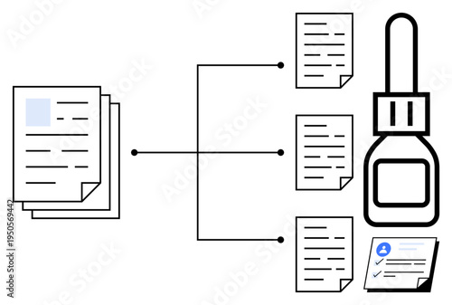 Stack of papers connected to individual sorted documents and a stamp. Ideal for workflow, management, approval, categorization, process, data, compliance. A simple flat metaphor