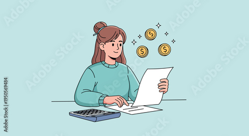 Woman calculating finances and managing budget Vector Illustration.