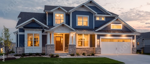 Modern residential home exterior with blue siding and inviting entrance day scene