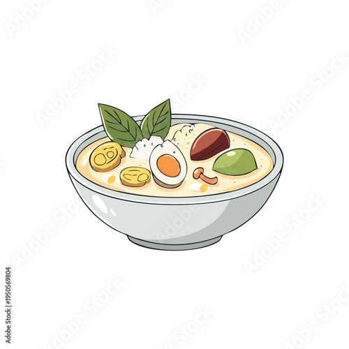 A flavorful and creamy curry dish served in a white bowl, garnished with fresh basil leaves and topped with a boiled egg and mushroom
