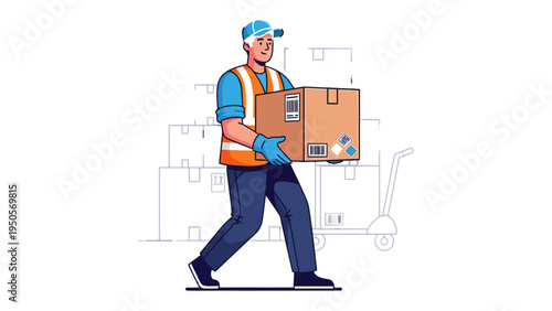Logistics in Action: A delivery man confidently navigates a warehouse, expertly carrying a cardboard box, embodying the essence of efficient shipping and logistics.