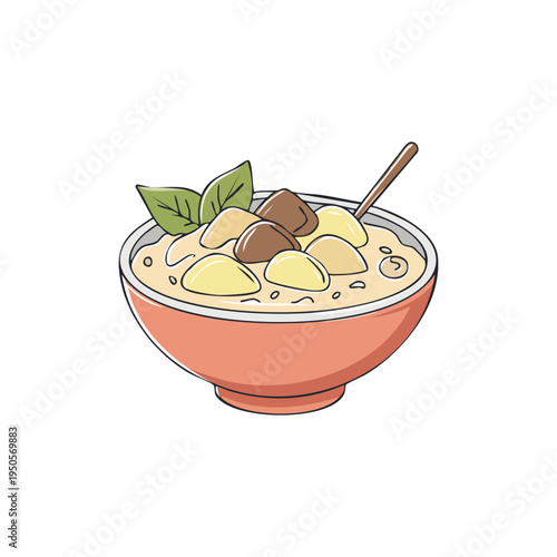 A delicious bowl of porridge topped with fruits and a spoon, perfect for a healthy breakfast illustration