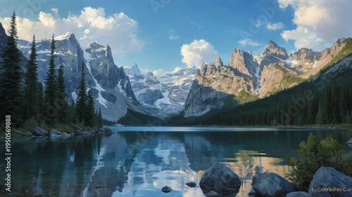 Mountain range with lake reflecting the sky and surrounding forest scenery