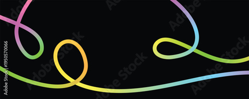 Abstract flowing ribbon with vibrant rainbow color transitions, creating elegant loops and twists across a dark background, smooth gradients and fluid motion, perfect for dynamic backgrounds