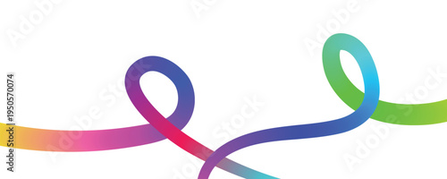 Abstract ribbon design with vibrant rainbow gradients, forming loops and curves on a transparent background, smooth transitions and fluid motion, suitable for overlaying on various designs and project