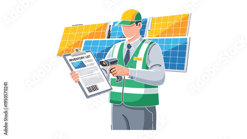 Solar Panel Inspector: A diligent worker in safety gear conducts a thorough inspection of solar panels, symbolizing the precision of renewable energy practices.